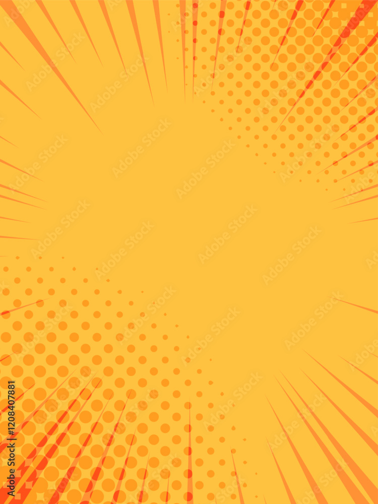 Poster orange radial zoom lines and halftone dots converging towards center, creating a vibrant and dynamic
