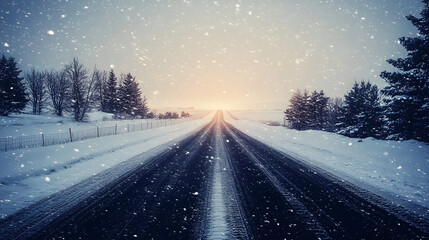 Empty Snowy Road to Infinity Vanishing Point into Snowy Horizon Minimalist Winter Scene