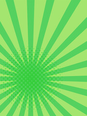 Green sunburst background spreading from halftone dots center creating a dynamic and vibrant backdrop, perfect for comic books, posters or graphic design projects
