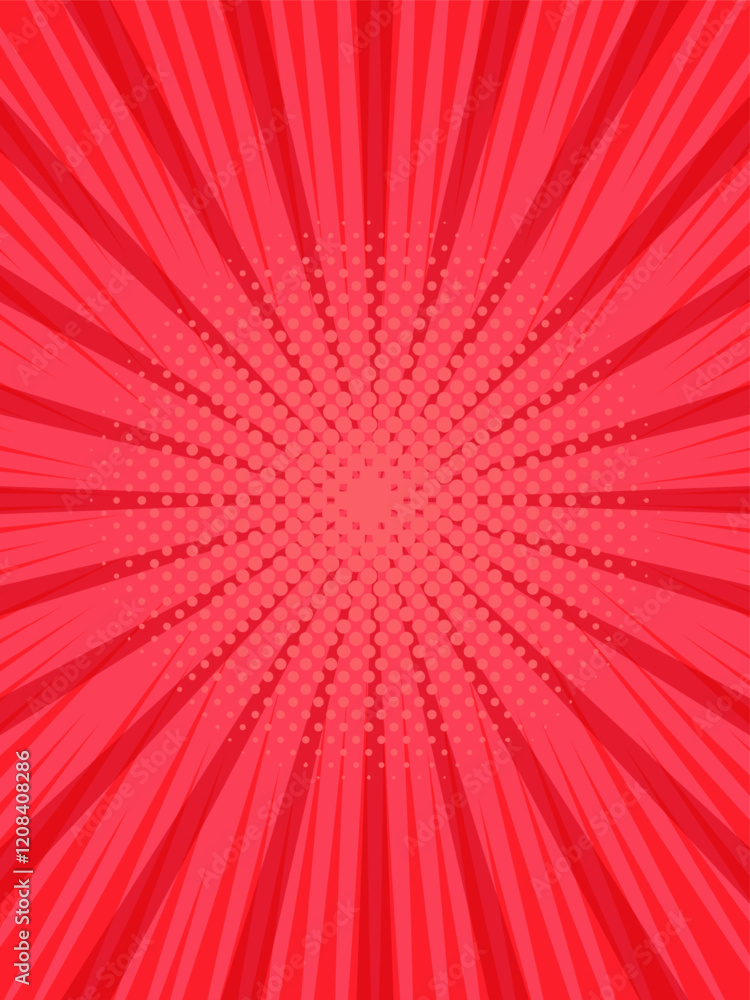Poster red zoom lines and halftone dots converging to the center creating a vibrant and dynamic backdrop, i