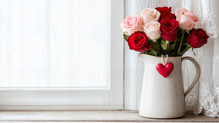 Bouquet of red and pink roses in white pitcher by a window