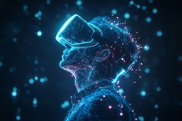 Immersive Virtual Reality Experience with Futuristic VR Headset, Neon Network, and Digital Connectivity in a Sci-Fi Metaverse Environment