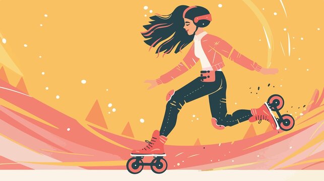 Cute Girl Riding Roller Skates - Flat Vector Illustration