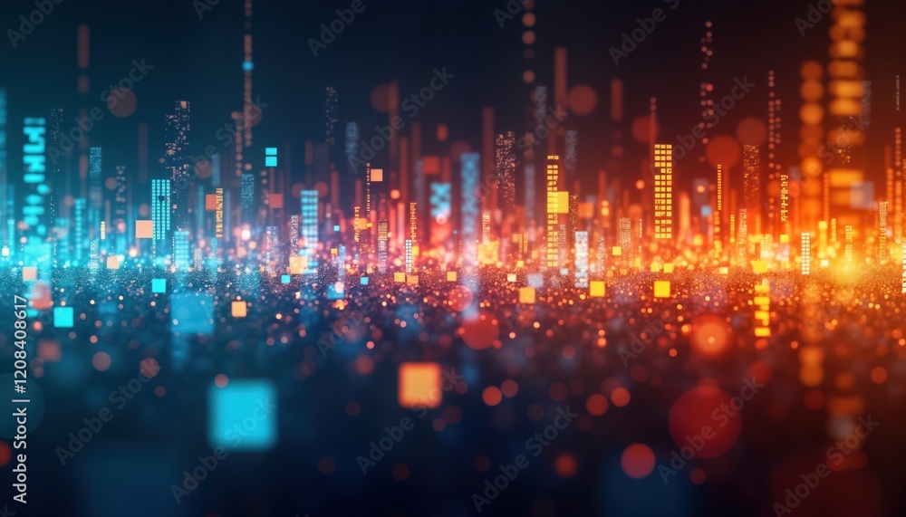 Poster futuristic city illustration. abstract digital cityscape with glowing data points. network connectio
