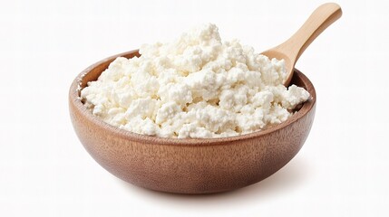 Fresh Ricotta Cheese in Wooden Bowl on White Background Isolated