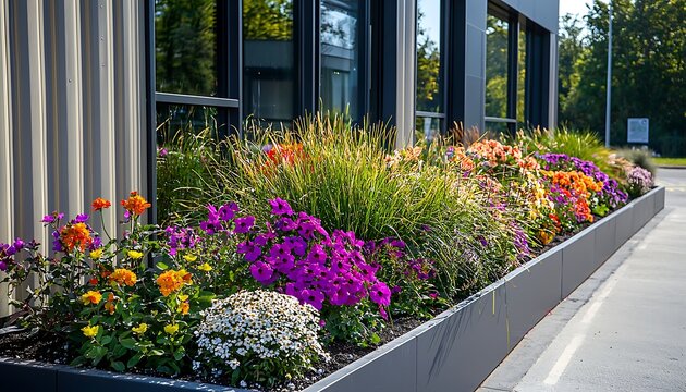 Fototapeta Well-maintained commercial landscaping with flowers and plants.