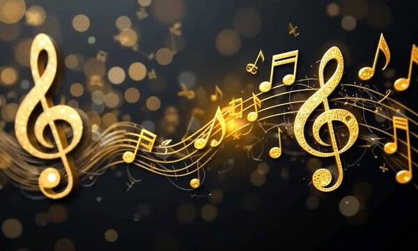 Gold music background with musical notes and bokeh lights. 4k videos hd