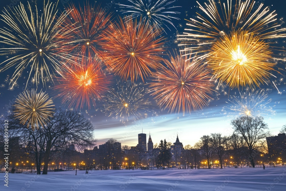 Poster fireworks exploding in the sky above a snowy landscape