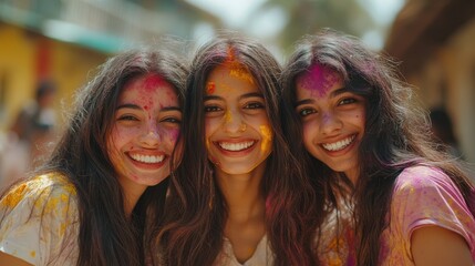 Fototapeta premium happy young multiethnic friends with colorful paint on clothes having fun together at holi festival