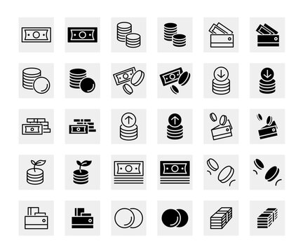 Finance icon set. Money cash and coins symbols. Dollar and cent sign. Pile of coins and stack of money pictogram. Savings and investment illustration.