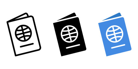 Global passport icon. Travel document sign. Tourist visa symbol. Border control identity sign. International id pictogram. Immigration illustration.