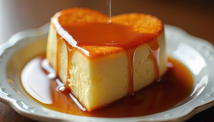 Heart-Shaped Flan Drizzled in Rich Caramel Against Soft Background