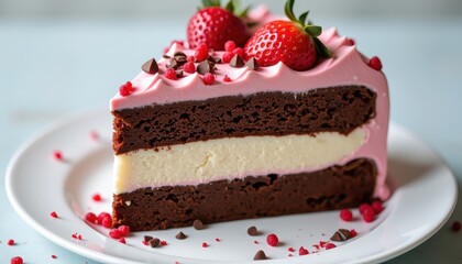 Delicious Rich Dark Chocolate Cake with Fresh Strawberries and Chocolate Chips on a White Plate