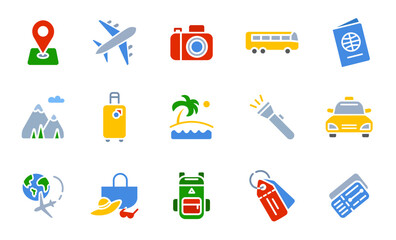 Travel journey color icon set. Plane flying around the world sign . Beach and mountain vacation symbol. Bus and taxi transport pictogram. Passport and tickets illustration.