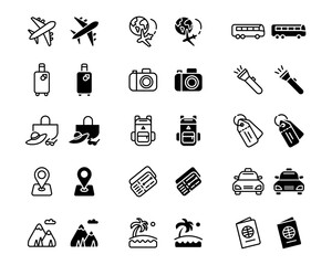 Journey black icon set. Plane, bus and taxi transport sign . Beach and mountain vacation symbol. Travel backpack and sea bag pictogram. Passport and flying tickets illustration.