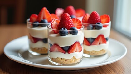 Savor the Freshness: Three Berries Glasses on a White Plate Against a Wood Background