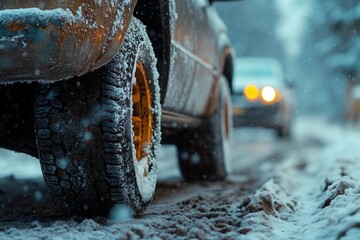 A car drives down a snowy road during winter season