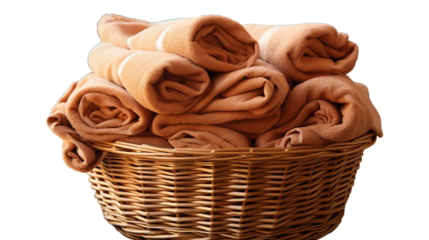 A wicker basket filled with fresh white towels, adding a cozy and clean touch to any room, studio view, isolated on transparent background.