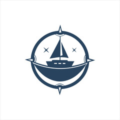Boat and Compass Logo Silhouette Retro Vintage Vector Design