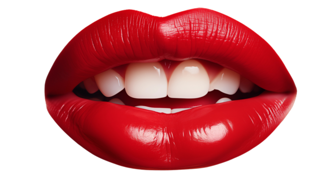 A woman’s lips in striking red gloss, perfect for promoting beauty and fashion products, studio view, isolated on transparent background.