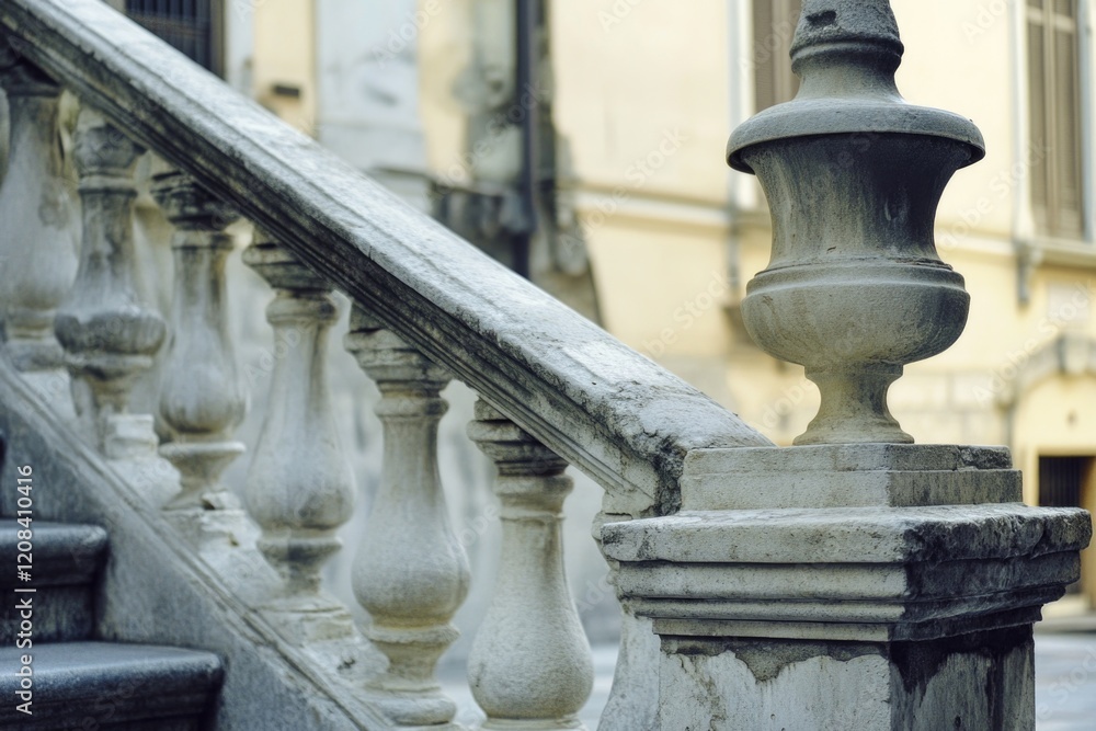 Poster a close-up shot of a railing and a building facade, suitable for use in architectural or urban plann