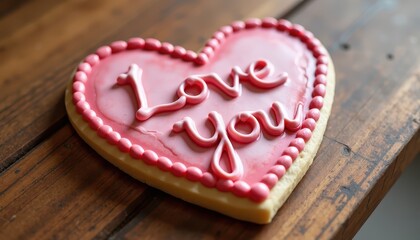 Heart-Shaped Cookie with Love You Words on Wooden Table Decorated in Pink Icing