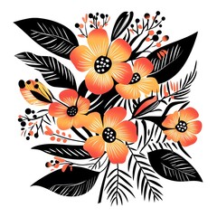Bright floral illustration featuring orange and black flowers with leafy accents