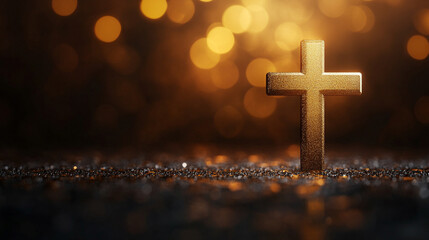 A sleek, modern Christian cross set against a minimalist, bright backdrop with a blurred effect, creating an empty, symbolic space on the side representing chaos and faith

