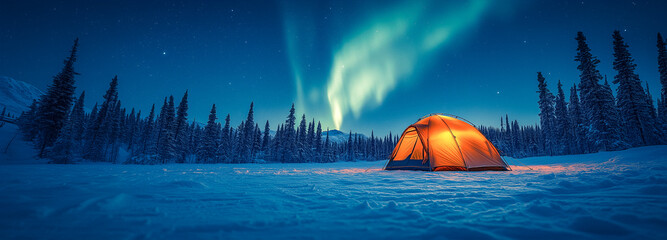 Winter camping under the northern lights with a glowing tent in a snowy landscape surrounded by a pine forest