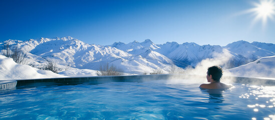 Relaxing in a steaming outdoor pool with breathtaking views of snow-covered mountains under a clear blue sky