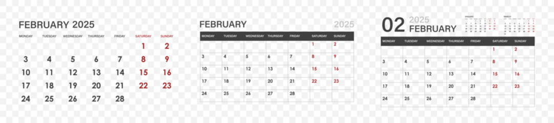 Calendar for February 2025. set of calendars for February.