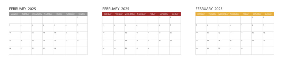 Calendar for February 2025. set of calendars for February.