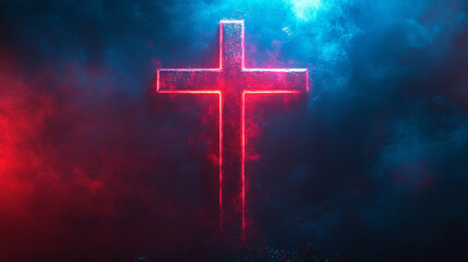Fototapeta premium A sleek, modern Christian cross set against a minimalist, bright backdrop with a blurred effect, creating an empty, symbolic space on the side representing chaos and faith