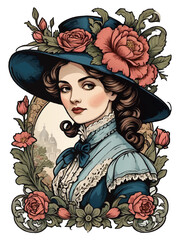 victorian woman with hat and floral frame cartoon vector illustration
