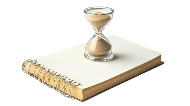 An hourglass and a notebook isolated on white background