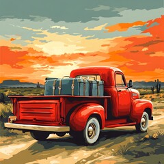Classic red truck with luggage on a dusty road at sunset in a desert landscape