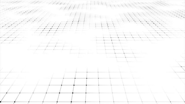 Abstract white grid in perspective, with transparency animation, digital data flow, white animated background