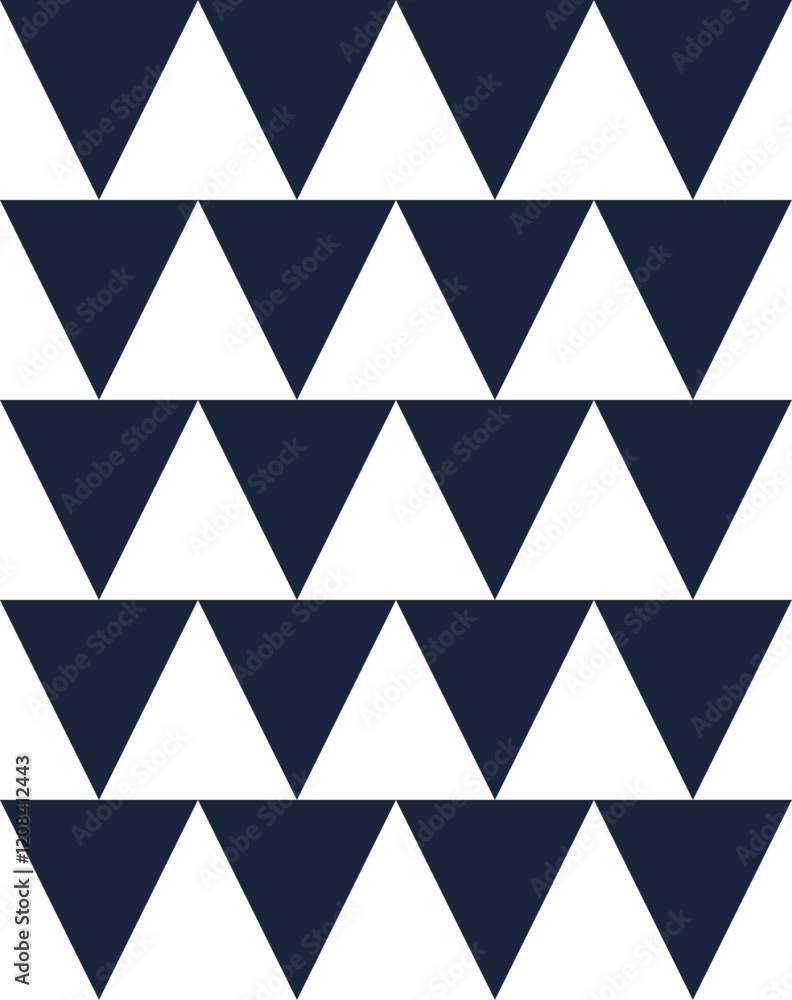 Poster seamless geometric pattern made of dark blue triangles pointing downwards, arranged on a clean white