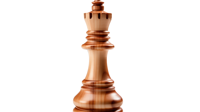 Close-up of a wooden chess piece, highlighting its texture and craftsmanship, perfect for game themes, studio view, isolated on transparent background.