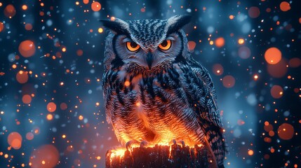 Majestic owl with glowing eyes perched on a fiery stump amidst a blizzard.