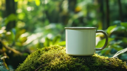 Obraz premium Blank mug on mossy forest rock, sunlight background, nature ad