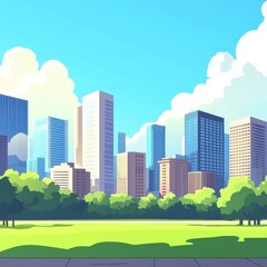Obraz premium City buildings, high and low, lawn in the foreground, blue sky and white clouds in the background, angle of view, flat vector style, cartoon, simplified details, strong sense of atmosphere, looks vibr