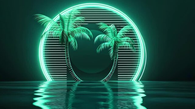 Neon palm trees reflected in calm water at night create an immersive tropical atmosphere