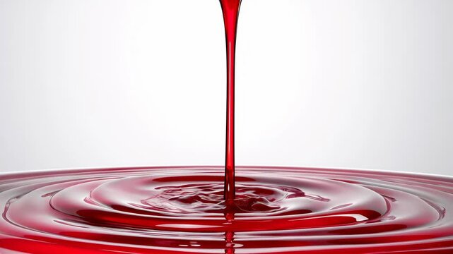 A stream of red liquid pouring onto a surface, creating ripples on white background