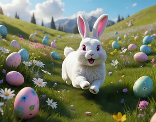 Joyful Easter Bunny in a Sunny Meadow, Vibrant Spring Scene