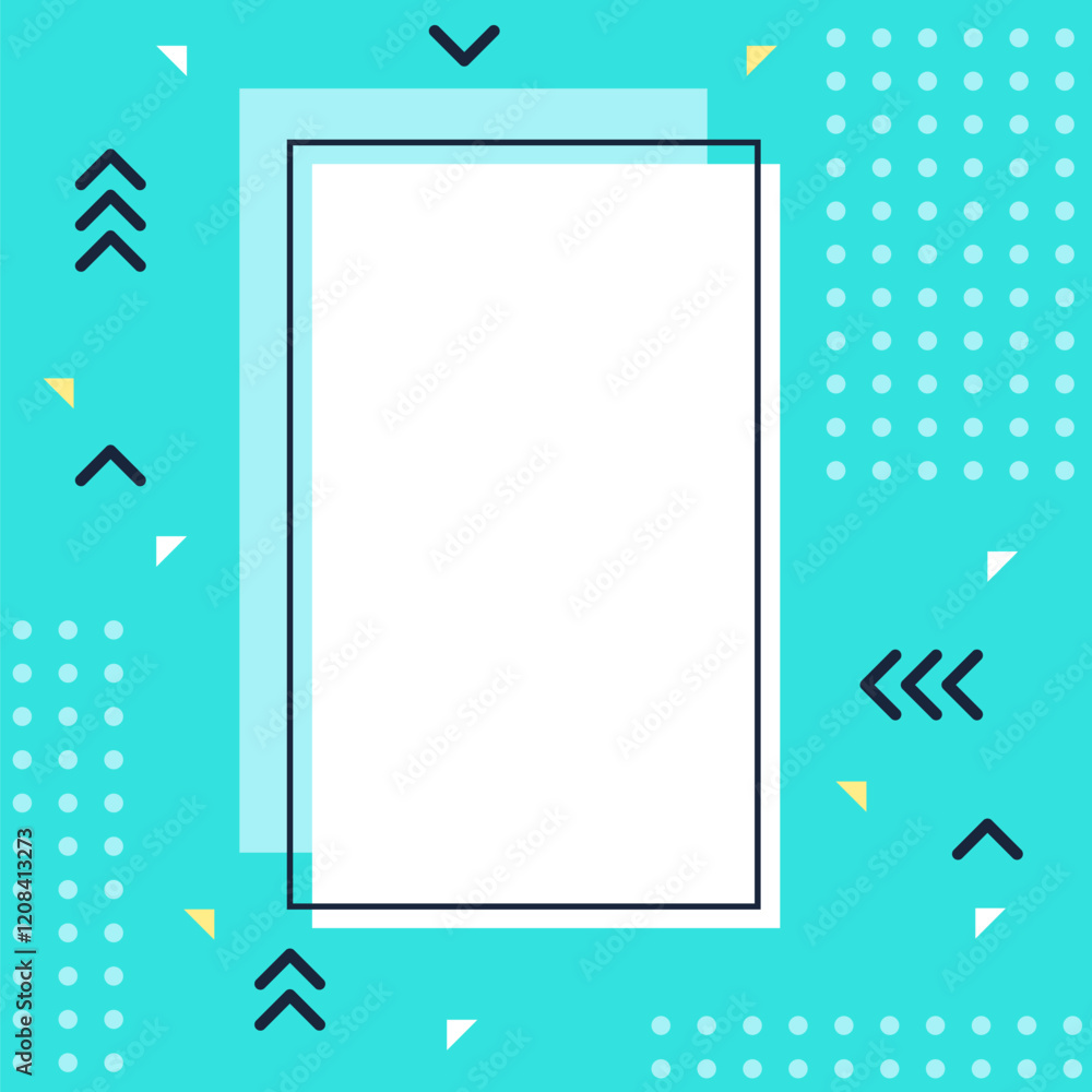 Poster white frame featuring a turquoise background adorned with geometric shapes like arrows, triangles, a