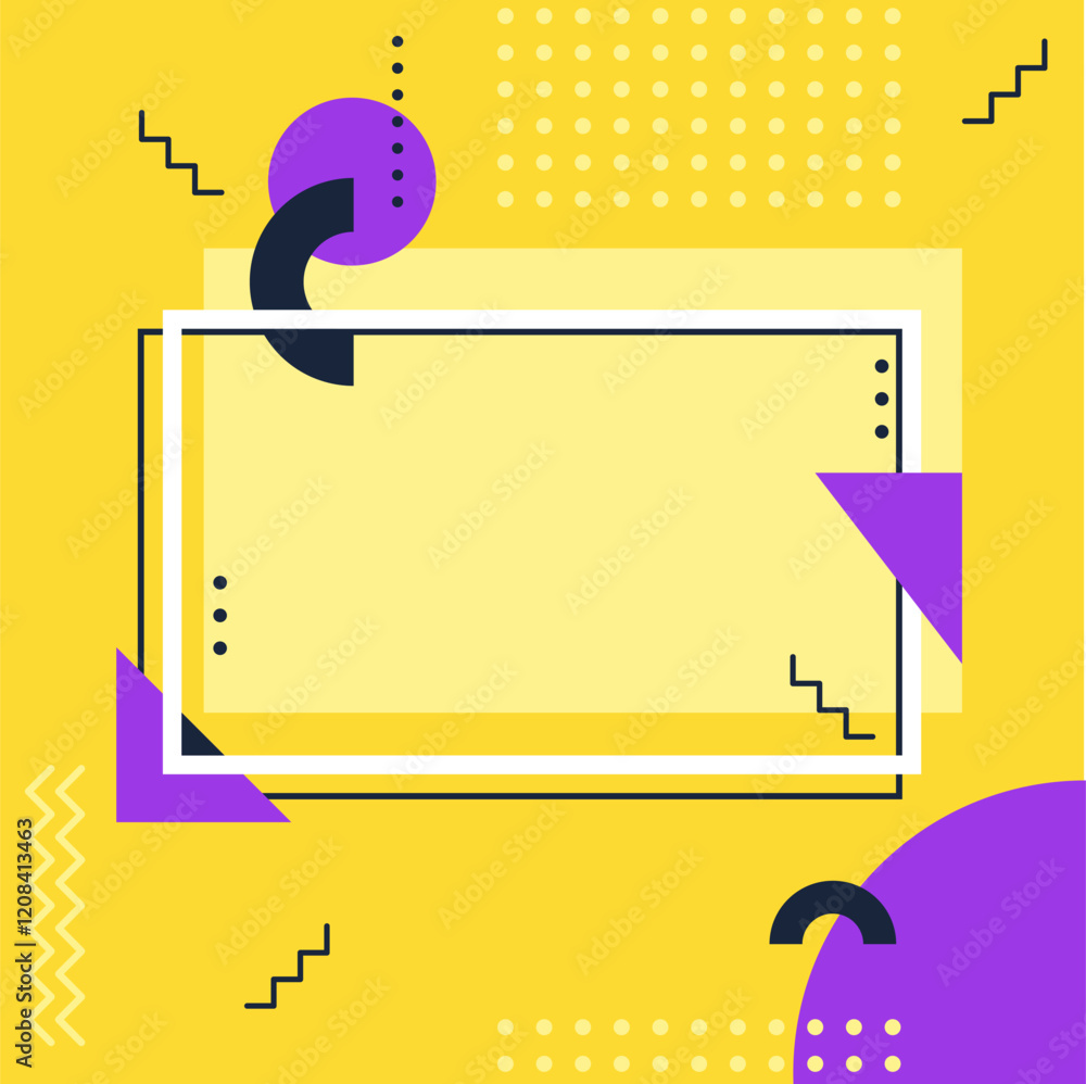 Poster vibrant geometric shapes and patterns form a dynamic composition with a central white frame, offerin