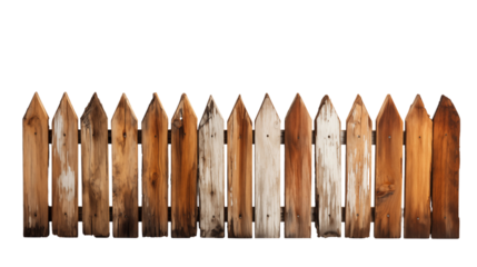 A white wooden picket fence in a flower garden, symbolizing beauty and tradition in outdoor spaces, studio view, isolated on transparent background.