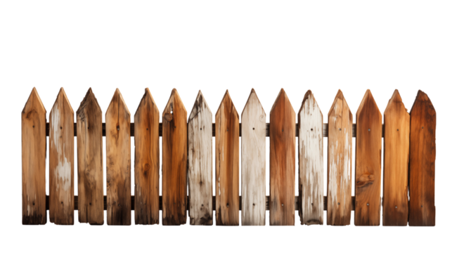 A white wooden picket fence in a flower garden, symbolizing beauty and tradition in outdoor spaces, studio view, isolated on transparent background.