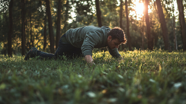 A man in casual clothing crawling on grass in a serene sunlit forest surrounded by trees and warm natural light
